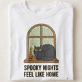 SPOOKY NIGHTS FEEL LIKE HOME | Cozy Halloween Cat Lover T-shirt - close up