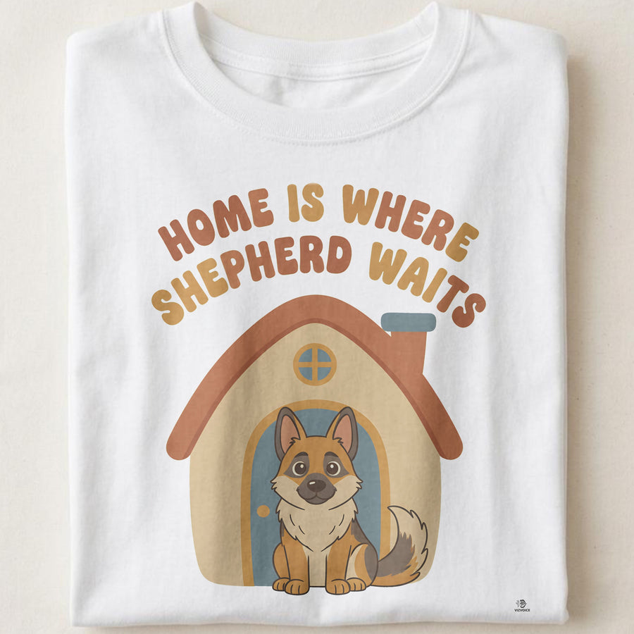 HOME IS WHERE SHEPHERD WAITS | Funny Dog Owner T-shirt
