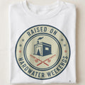 RAISED ON HARDWATER WEEKENDS | Humorous Ice Fishing T-Shirt - close up