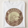 WANDERER OF WILDLANDS AND VISTAS | Adventurous Camping T-Shirt - close up