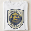 SUNRISE ON THE RIVER HEALS | Relaxing Fishing T-Shirt - close up