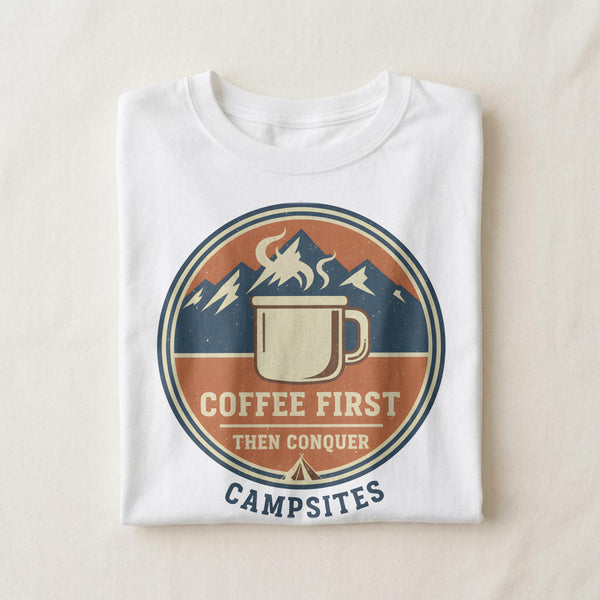 COFFEE FIRST THEN CONQUER CAMPSITES | Humorous Camping T-Shirt