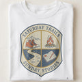 SATURDAY TRAILS SUNDAY STORIES | Humorous Camping T-Shirt - close up