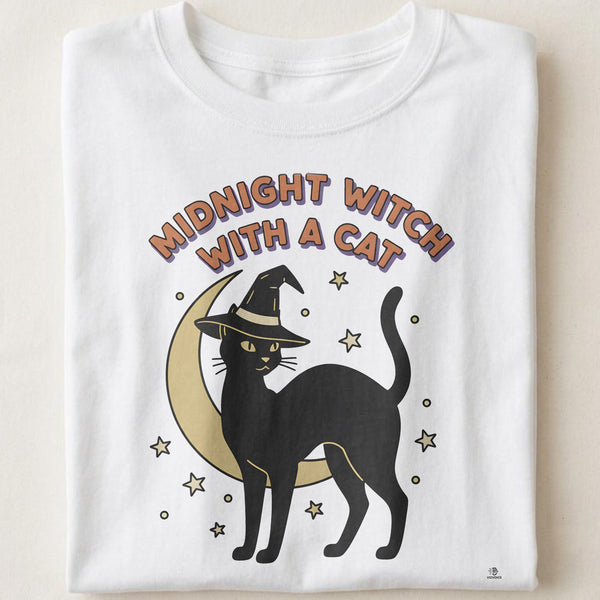 MIDNIGHT WITCH WITH A CAT | Spooky Cat Lover T-Shirt