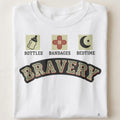 BOTTLES BANDAGES BEDTIME BRAVERY | Pediatric Nurse T-Shirt - close up