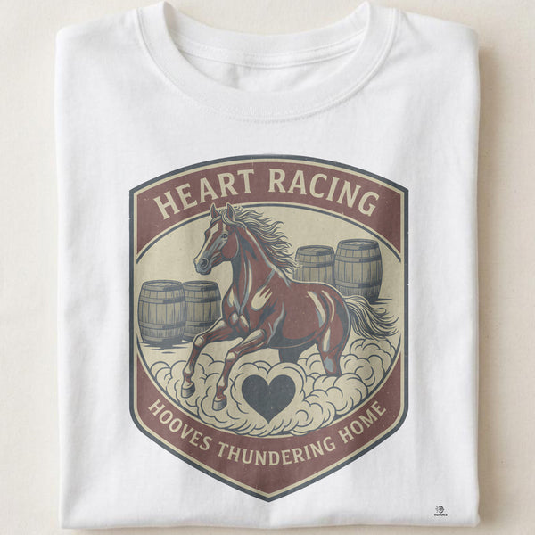 HEART RACING HOOVES THUNDERING HOME | Fun Barrel Racer T-Shirt