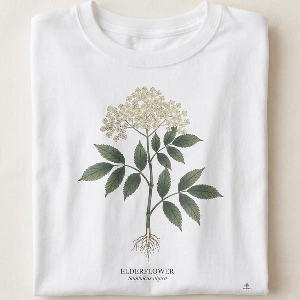 Elderflower Botanical Art T-Shirt | Vintage Etching & Watercolor Design