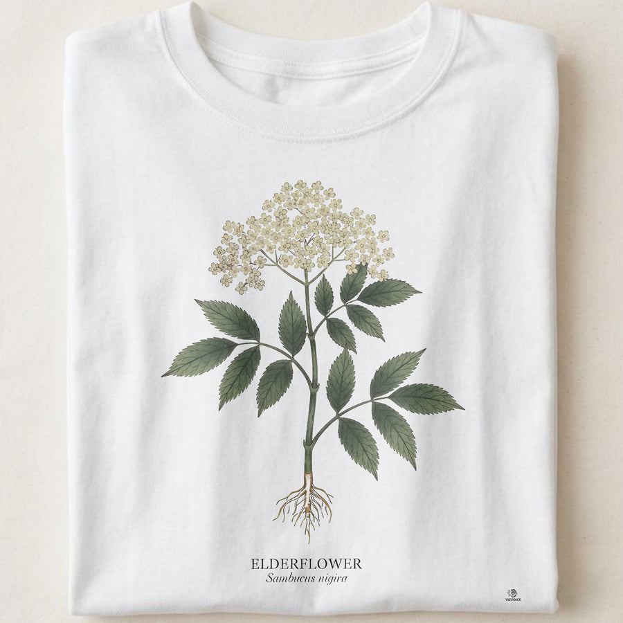 Elderflower Botanical Art T-Shirt | Vintage Etching & Watercolor Design