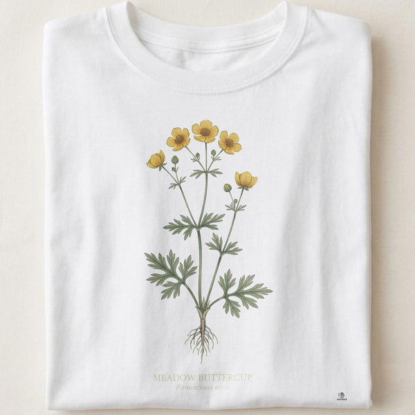 Meadow Buttercup Botanical Art T-Shirt | Vintage Wildflower Design