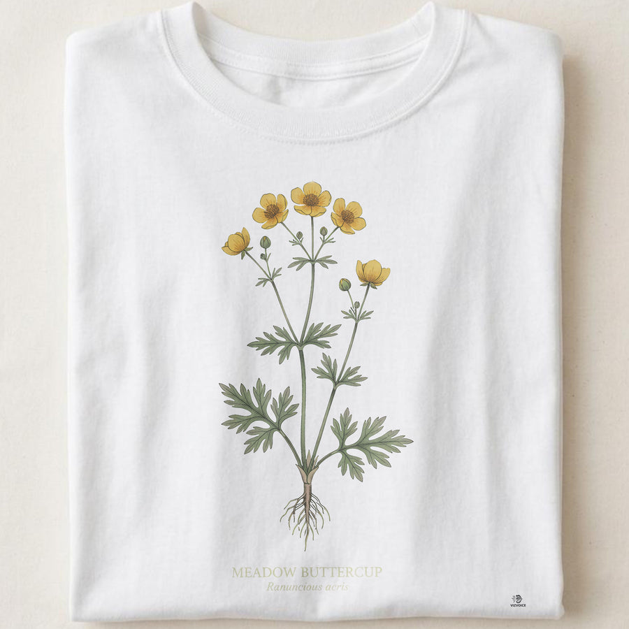 Meadow Buttercup Botanical Art T-Shirt | Vintage Wildflower Design