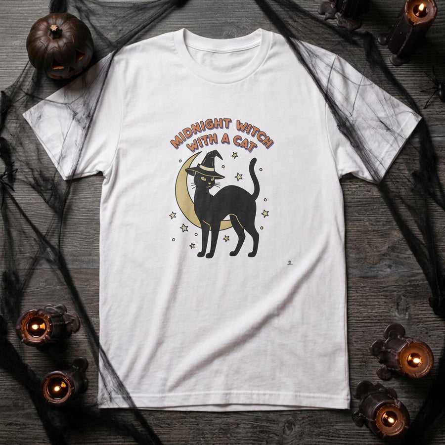 MIDNIGHT WITCH WITH A CAT | Spooky Cat Lover T-Shirt