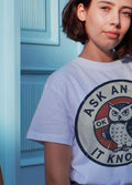 ASK AN OWL IT KNOWS | Funny Owl Wisdom T-Shirt - accurate print preview