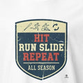 Baseball rhythmic action slogan design for tees and stickers, hit run slide repeat typography for players and fans - accurate print preview