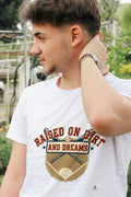 RAISED ON DIRT AND DREAMS | Vintage Baseball T-Shirt - accurate print preview