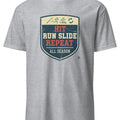 Baseball rhythmic action slogan design for tees and stickers, hit run slide repeat typography for players and fans - accurate print preview