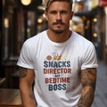 SNACKS DIRECTOR AND BEDTIME BOSS | Funny Parenting T-Shirt - accurate print preview