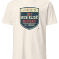 Baseball rhythmic action slogan design for tees and stickers, hit run slide repeat typography for players and fans - accurate print preview
