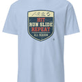 Baseball rhythmic action slogan design for tees and stickers, hit run slide repeat typography for players and fans - accurate print preview
