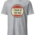 CrossFit inspired I Train at the Box slogan for everyday gym wear, functional training fans, and WOD community pride - accurate print preview
