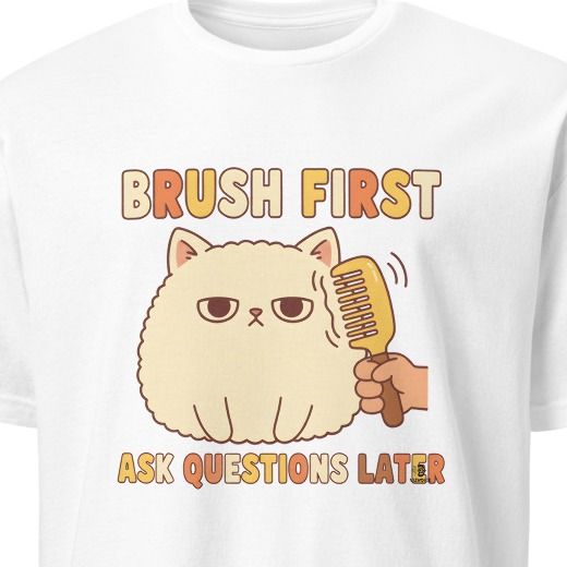 BRUSH FIRST ASK QUESTIONS LATER | Funny Persian Cat Owner T-shirt